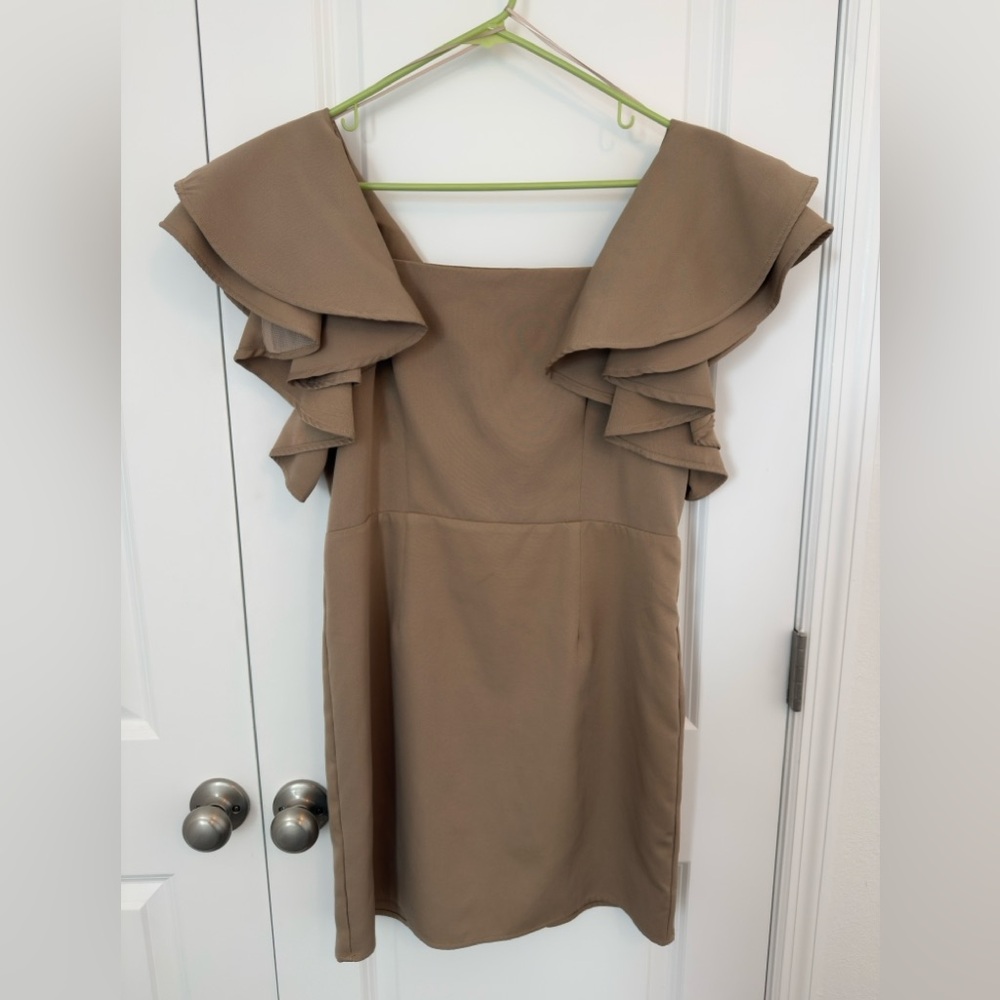 TCEC Taupe Dress with Ruffled Shoulders